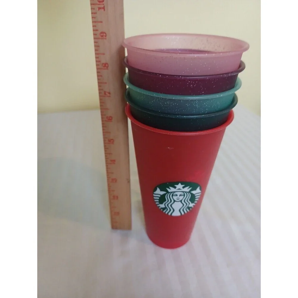 Starbucks set of 5 reusable glitter plastic cold cups 24oz tall tumblers